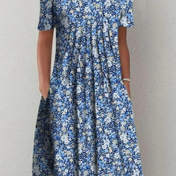 Floral Round Neck Pocket Midi Dress | Spring Summer Women'S Casual Feminine Gown, Modern Artistic Design, Layered Chic Look, Relaxed Everyday Style