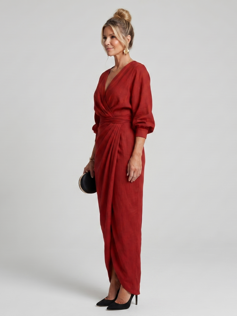 Fable | Long Sleeve Wrap Overlap Skirt Midi Dress