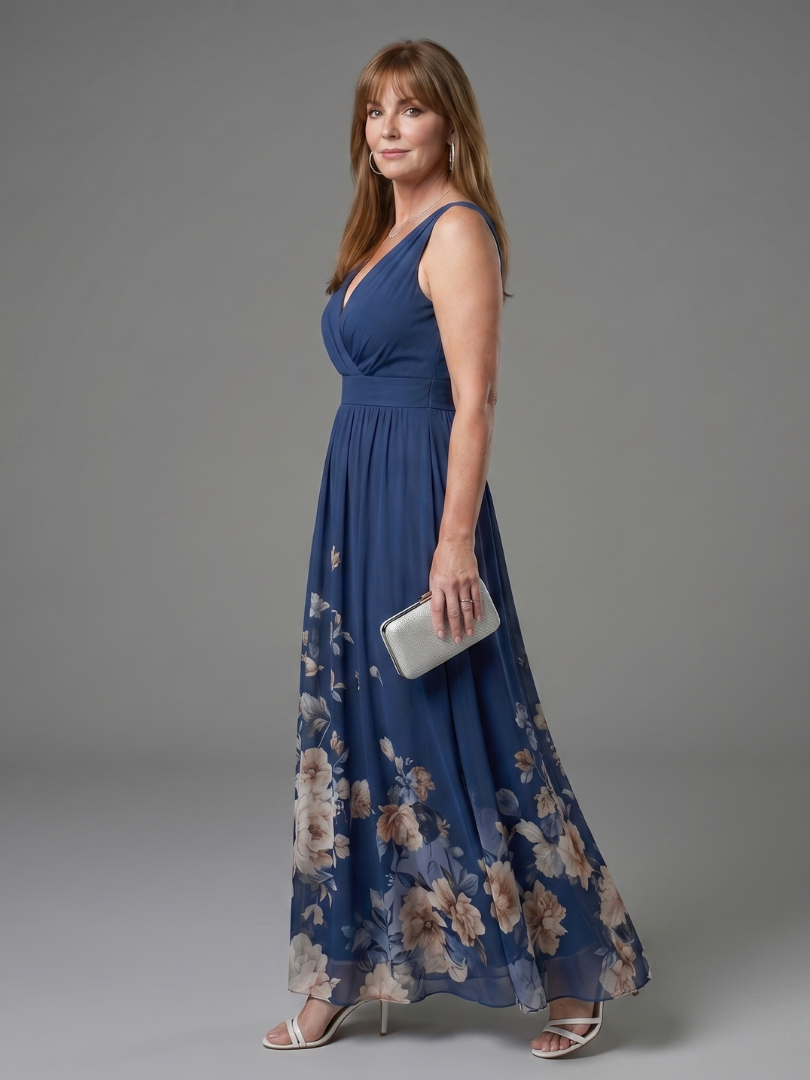 Clarissa | Sleeveless V Neck Soft Floral Hem Midi Dress