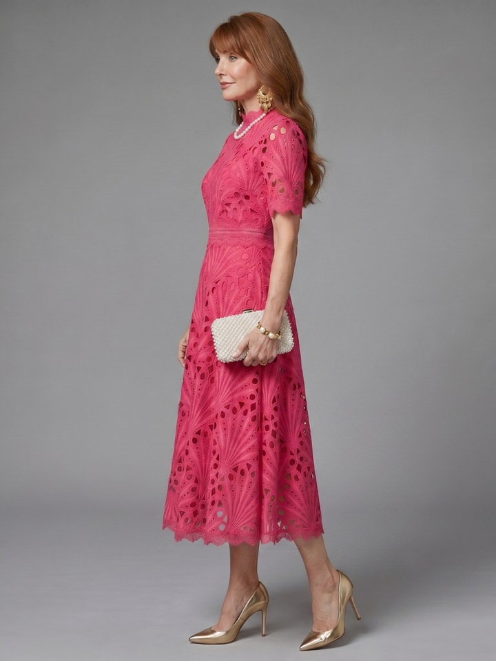 Juno | Short Sleeve Eyelet Lace Fitted Waist Midi Dress