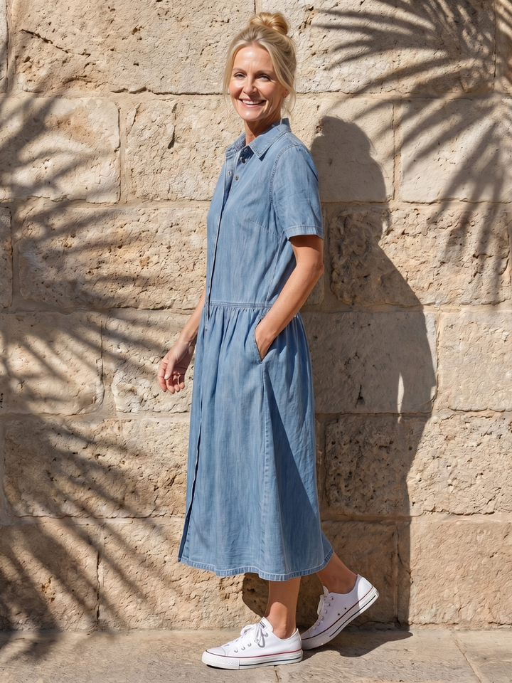 Geneva | Gathered Waist Collar Front Midi Dress