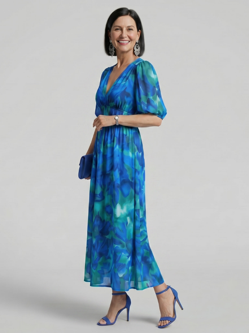 Candlia | Puff Sleeve V Neck Abstract Print Midi Dress