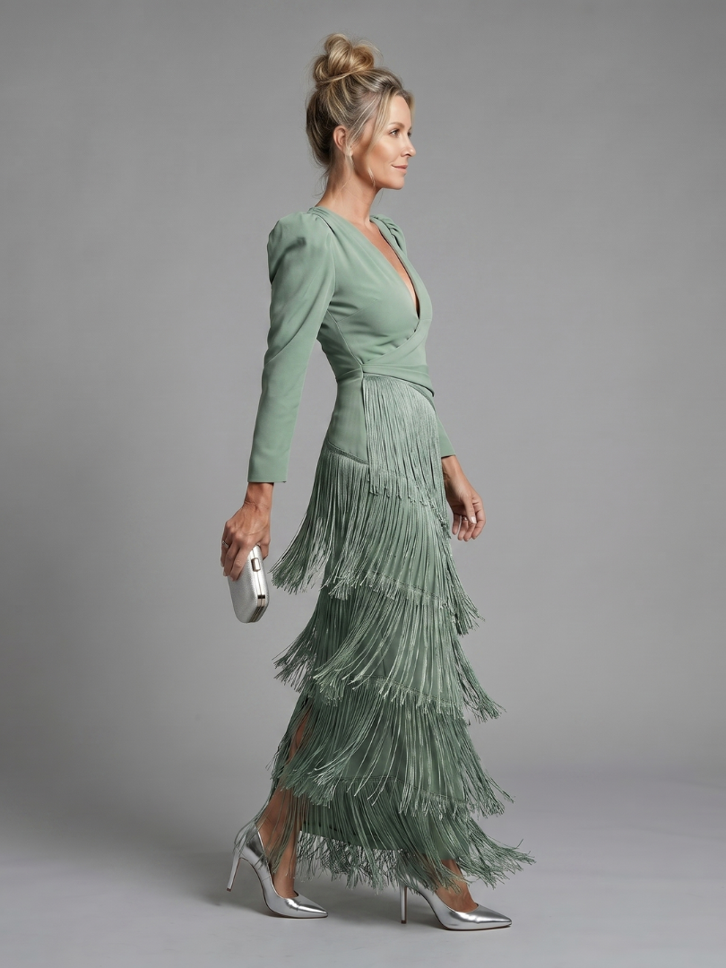 Samara | Long Sleeve Soft Fringe Skirt Midi Dress