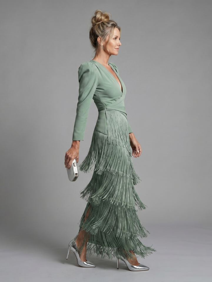 Samara | Long Sleeve Soft Fringe Skirt Midi Dress