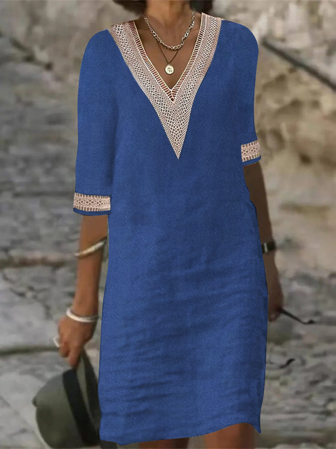 Angelica | Linen-blend Color V-Neck with Lace Trim