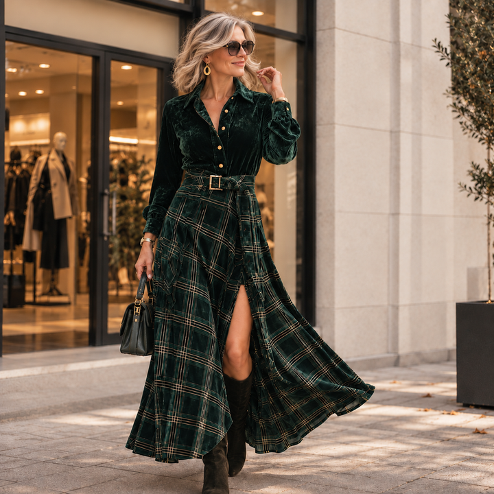 ISA | GREEN VELVET PLAID MAXI DRESS SET