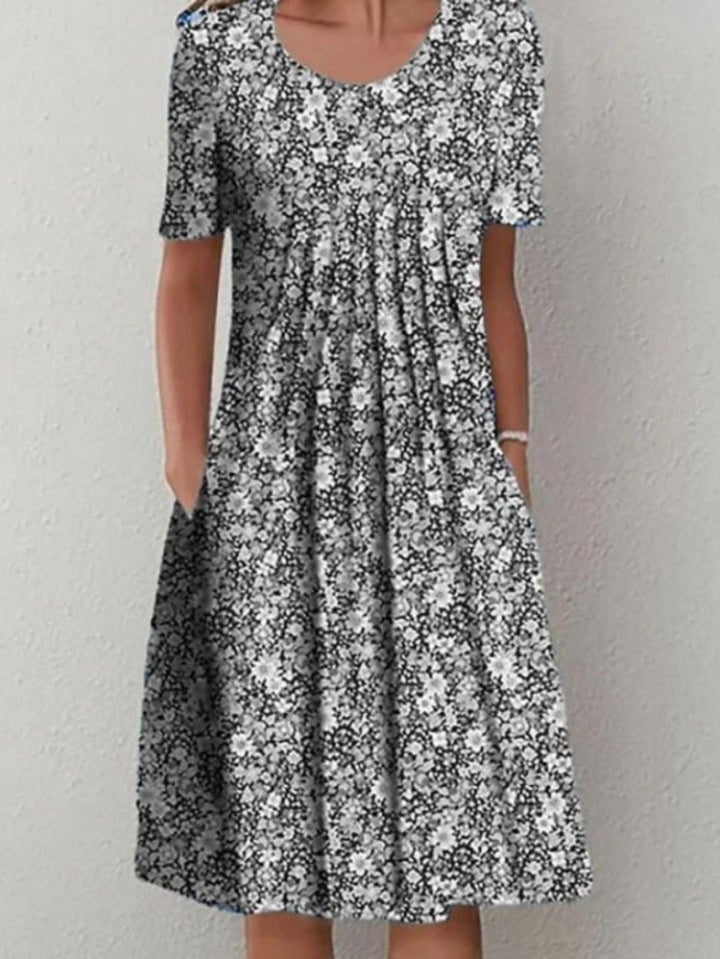 Floral Round Neck Pocket Midi Dress | Spring Summer Women'S Casual Feminine Gown, Modern Artistic Design, Layered Chic Look, Relaxed Everyday Style