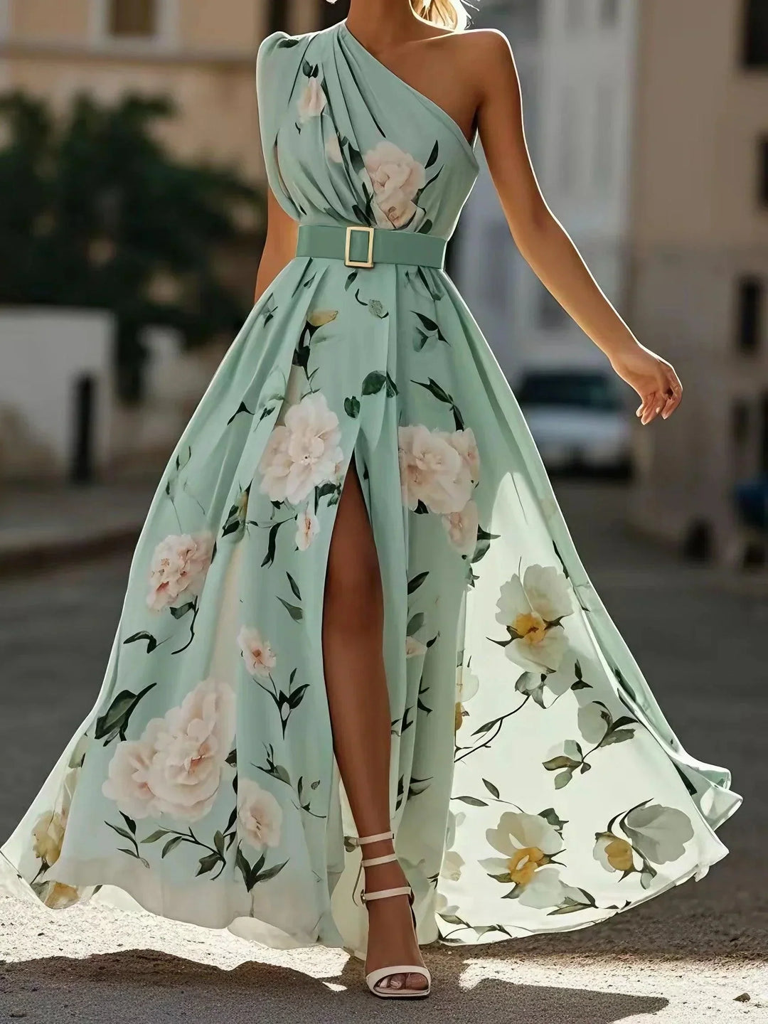 Julie | Light Green Floral Chiffon One-Shoulder Maxi Dress