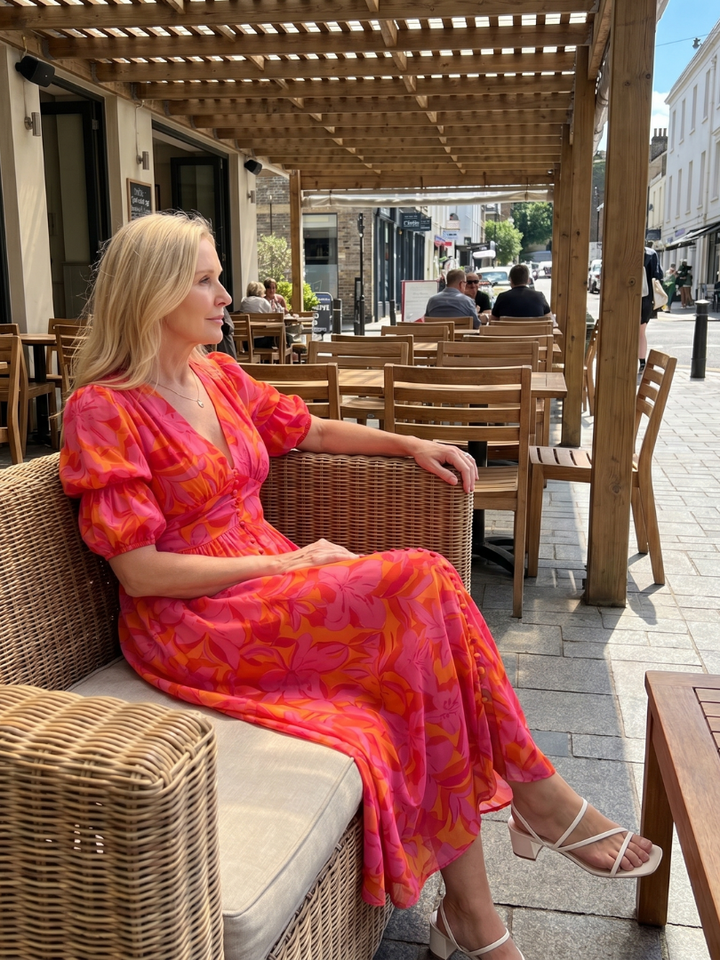 Zarelle | Puff Sleeve V Neck Bold Floral Print Midi Dress