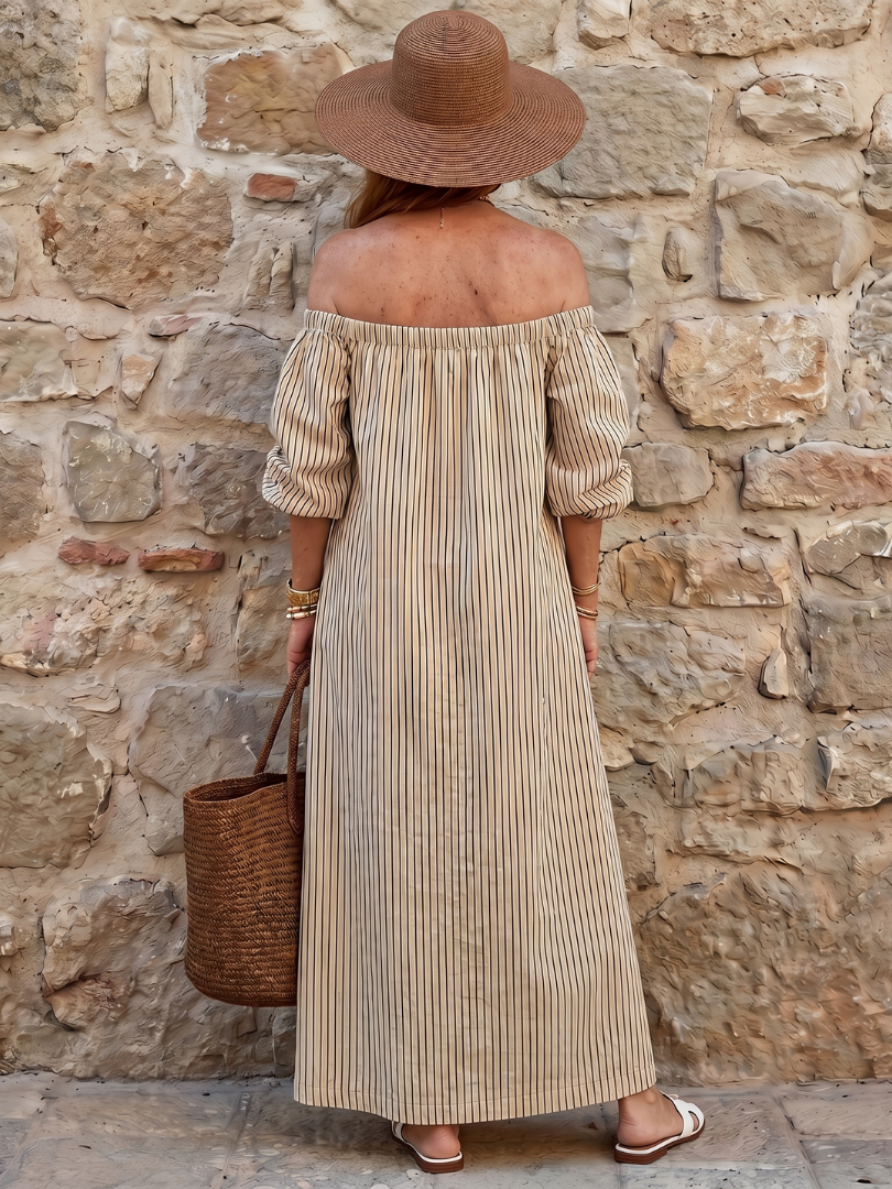 Vika | Off Shoulder Vertical Stripe Pattern Midi Dress