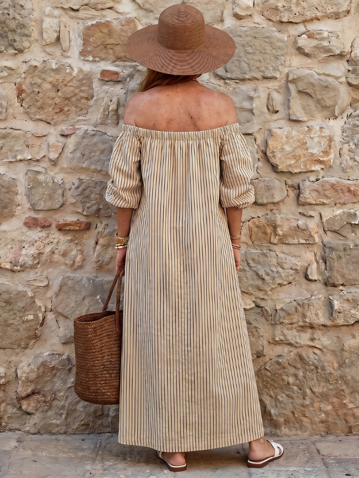 Vika | Off Shoulder Vertical Stripe Pattern Midi Dress