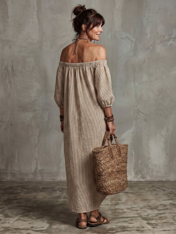 Euphemia | Striped Pattern Off Shoulder Maxi Dress
