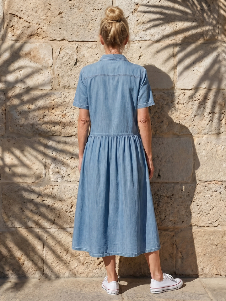 Geneva | Gathered Waist Collar Front Midi Dress