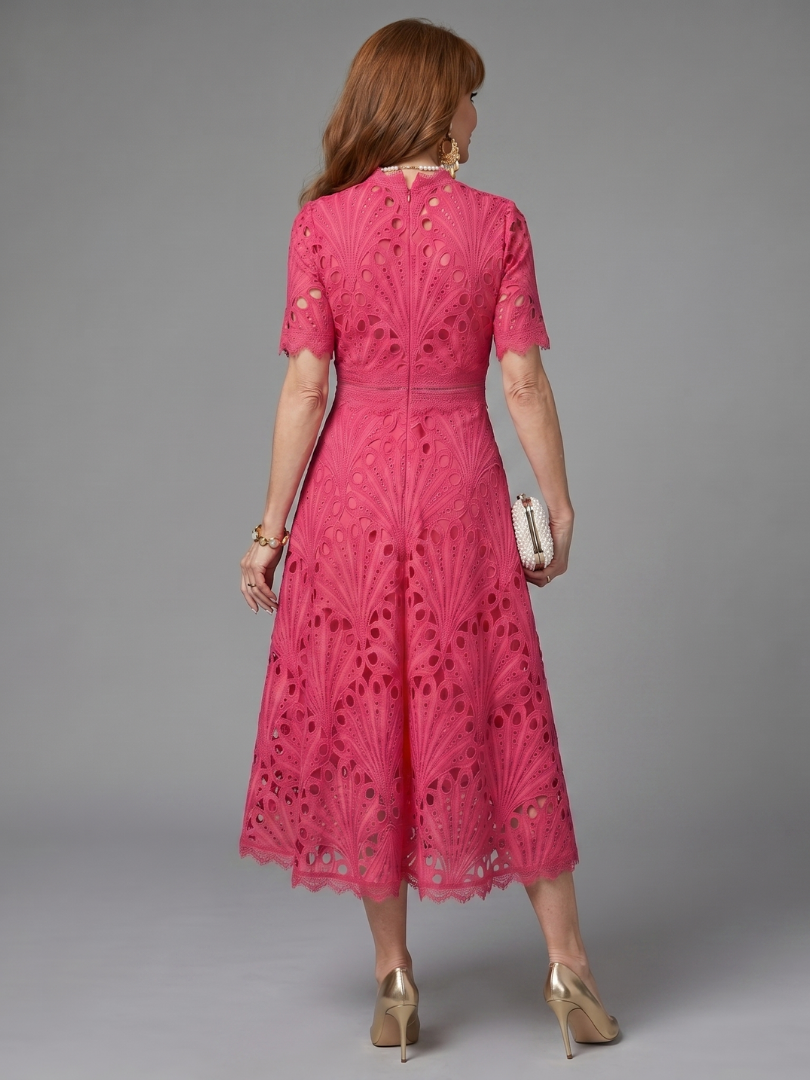 Juno | Short Sleeve Eyelet Lace Fitted Waist Midi Dress