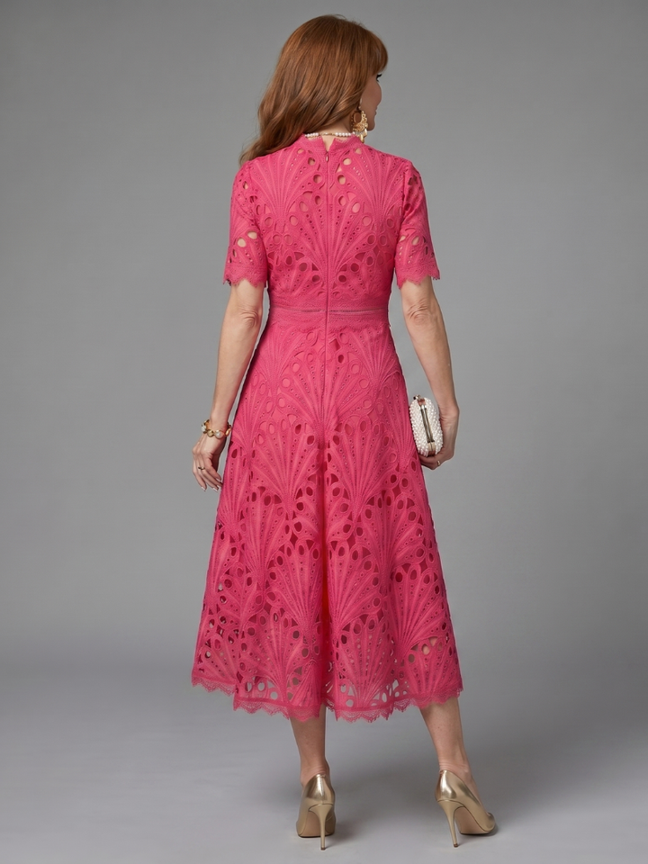 Juno | Short Sleeve Eyelet Lace Fitted Waist Midi Dress