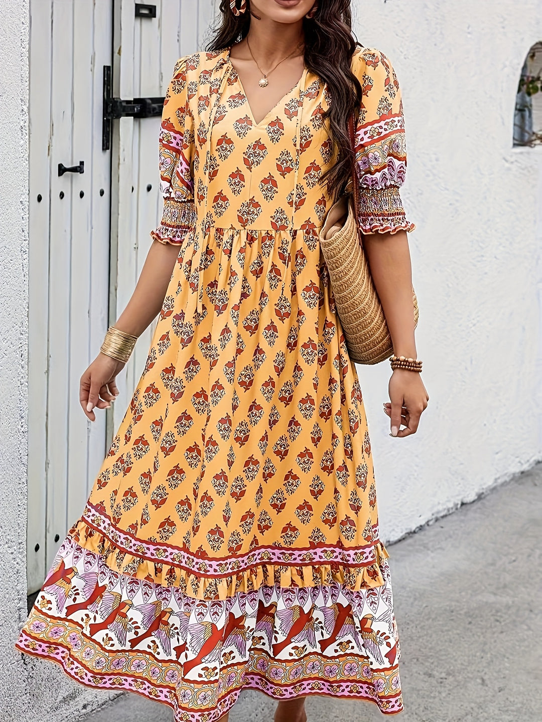 Alicia | Elegant Bohemian Style Long Dress with Lantern Sleeves