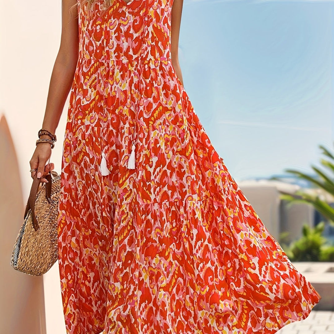 Jennifer | Sleeveless Bohemian Style Fringed Tie-Up Printed Dress