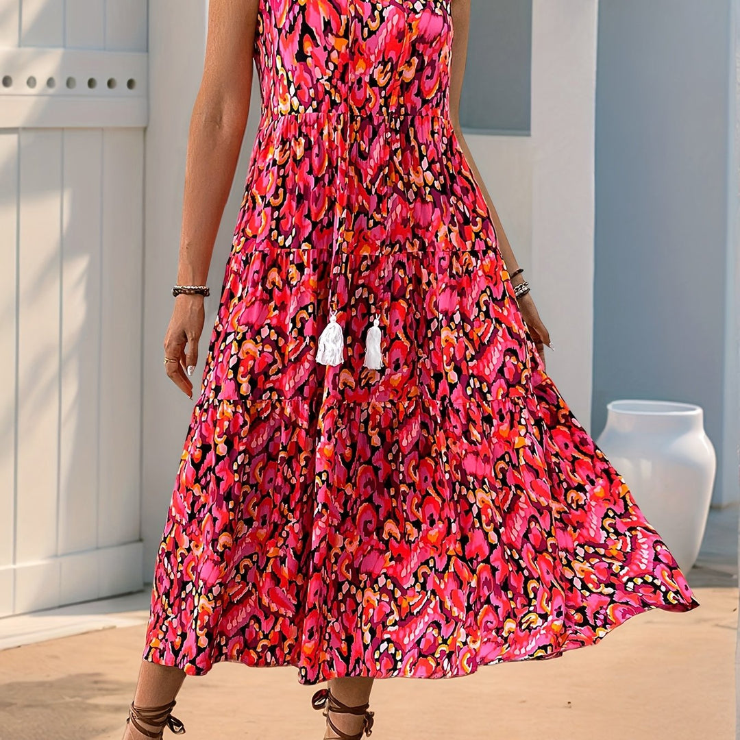 Jennifer | Sleeveless Bohemian Style Fringed Tie-Up Printed Dress