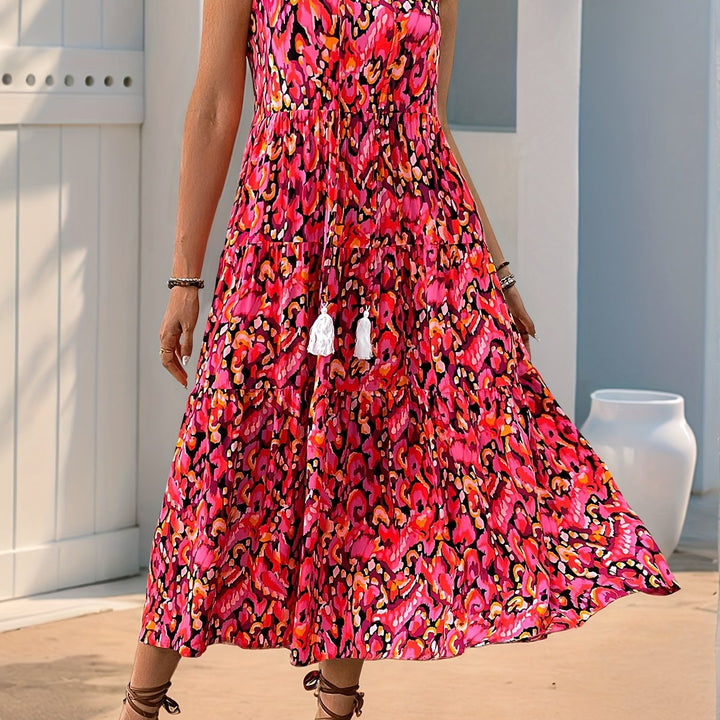 Jennifer | Sleeveless Bohemian Style Fringed Tie-Up Printed Dress