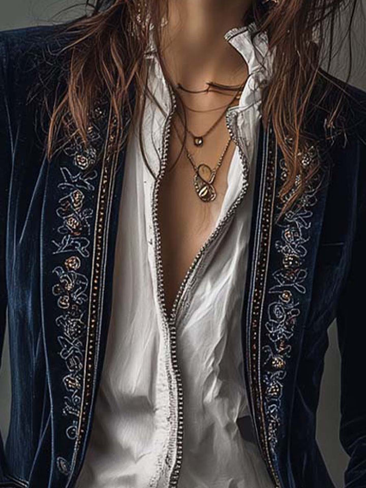 Benita | Long Vintage Velvet Jacket with Embroidery