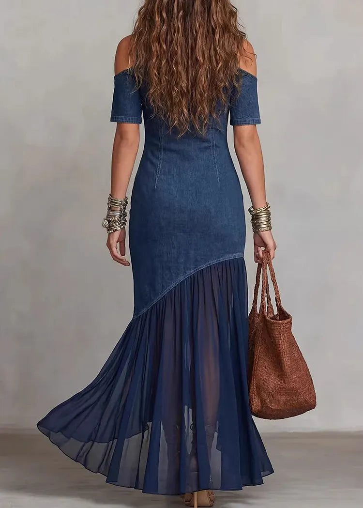 Lilibeth | Chic Cold Shoulder Tulle Patchwork Denim Dress