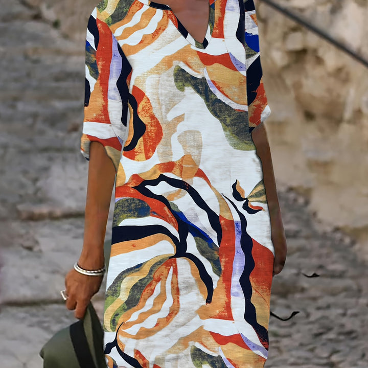 Alexandra | 100% Linen V-Neck Printed Dress