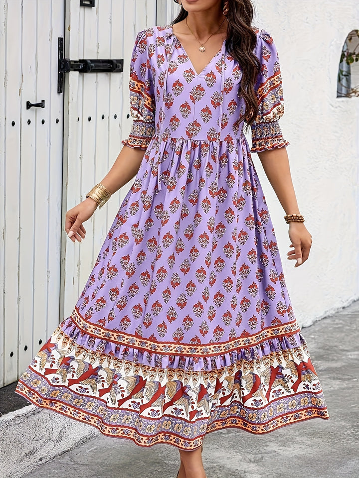 Alicia | Elegant Bohemian Style Long Dress with Lantern Sleeves