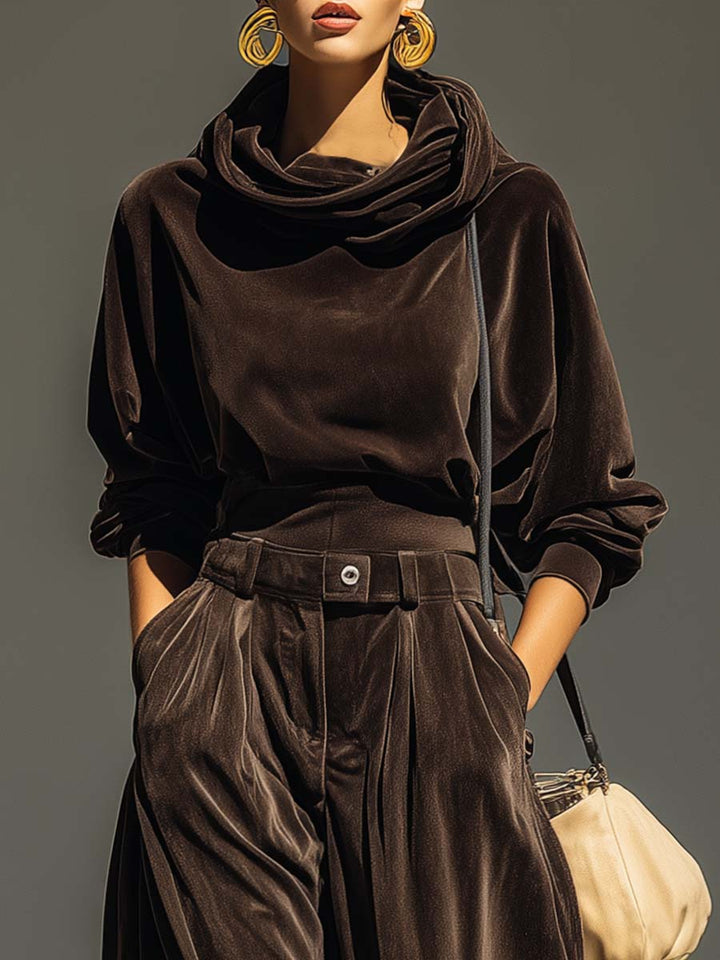 Vintage Brown Hoodie & Loose-Fitting Trousers Set (Includes Belt)