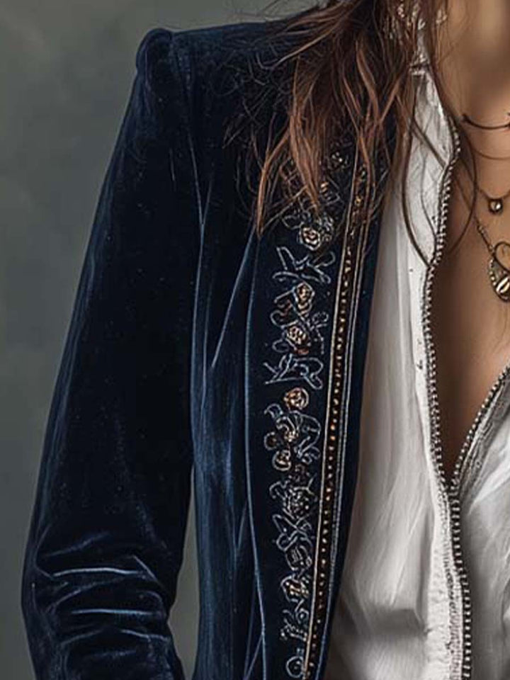 Lindsey | Long Vintage Velvet Jacket with Embroidery