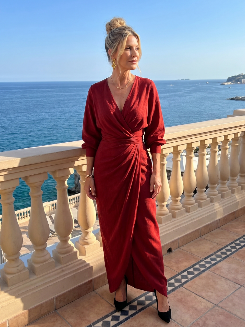 Fable | Long Sleeve Wrap Overlap Skirt Midi Dress