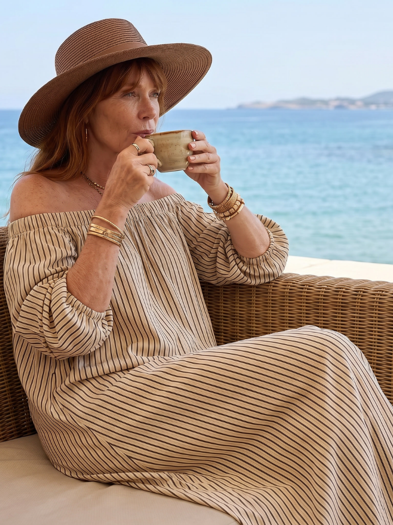 Vika | Off Shoulder Vertical Stripe Pattern Midi Dress