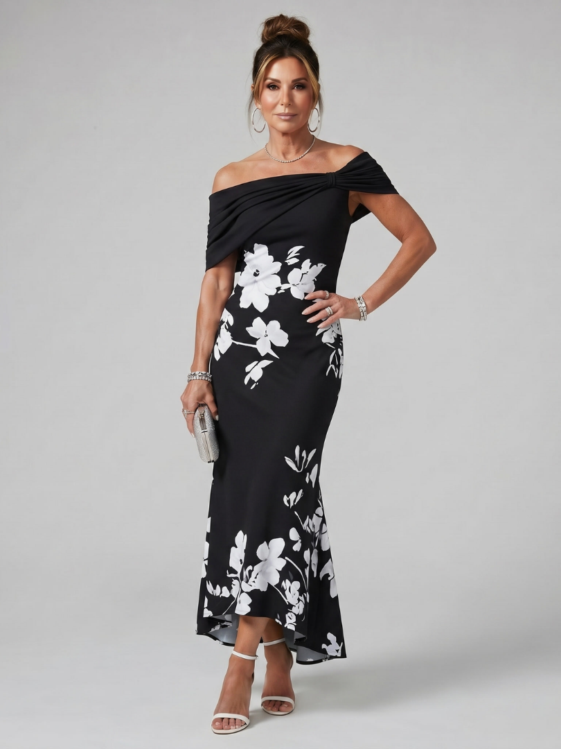 Cosma | Off Shoulder Draped Neckline Midi Dress
