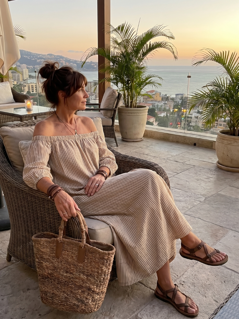 Euphemia | Striped Pattern Off Shoulder Maxi Dress