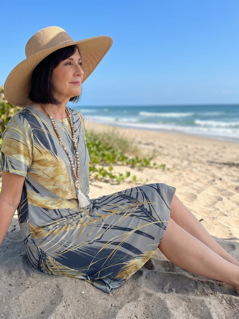 Vana | Round Neck Plant Print Midi Dress