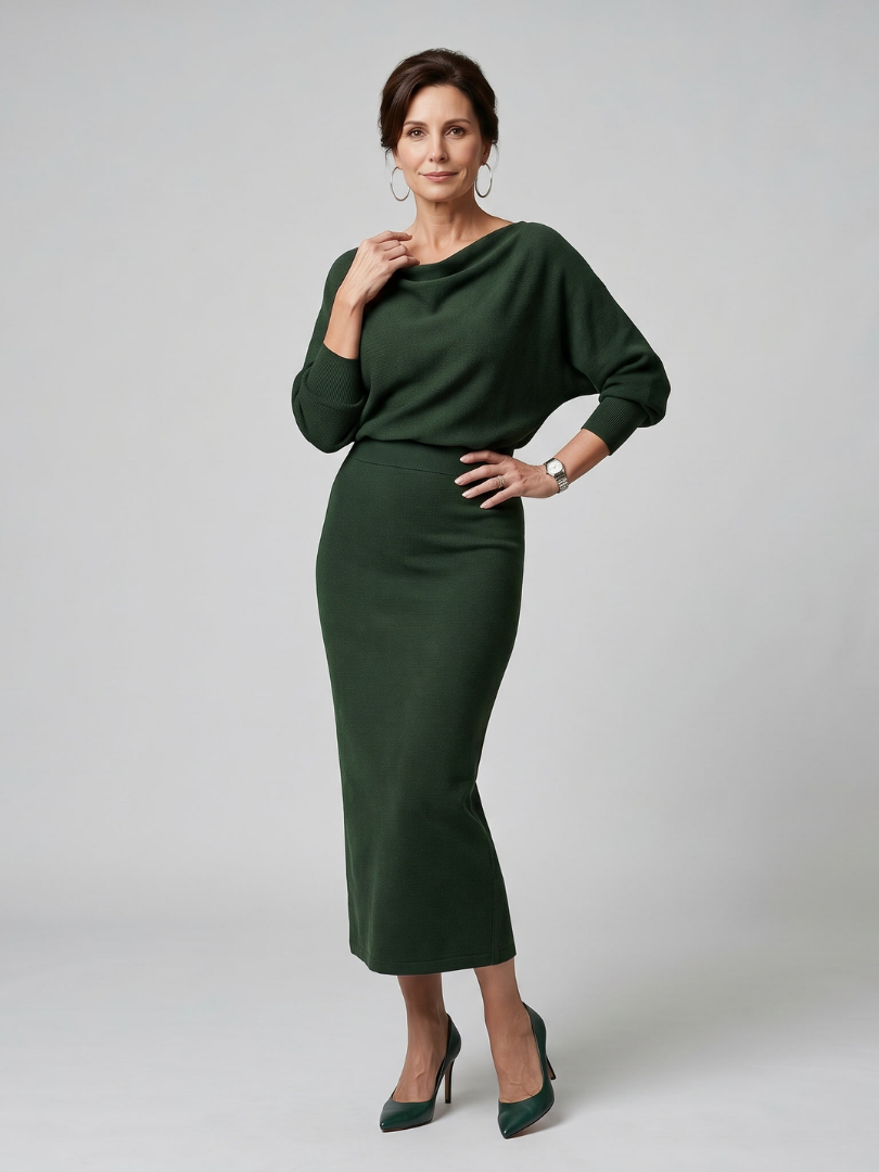Romy | Draped Neckline Fitted Skirt Midi Dress