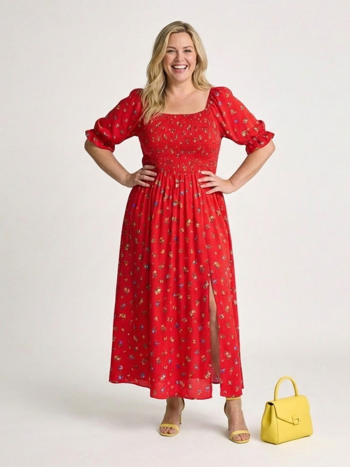 Delphine | Square Neck Floral Puff Sleeve Midi Dress