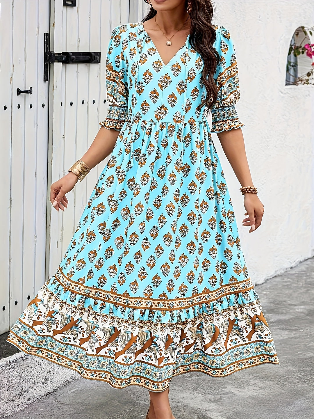 Alicia | Elegant Bohemian Style Long Dress with Lantern Sleeves