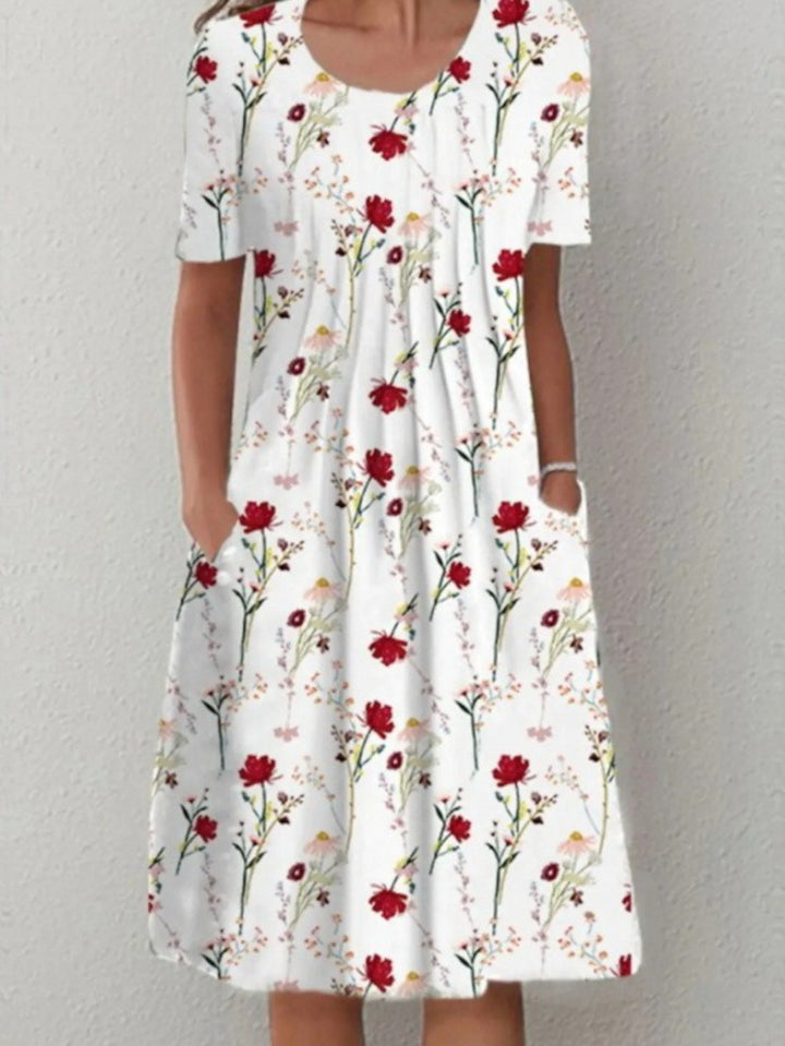 Floral Round Neck Pocket Midi Dress | Spring Summer Women'S Casual Feminine Gown, Modern Artistic Design, Layered Chic Look, Relaxed Everyday Style