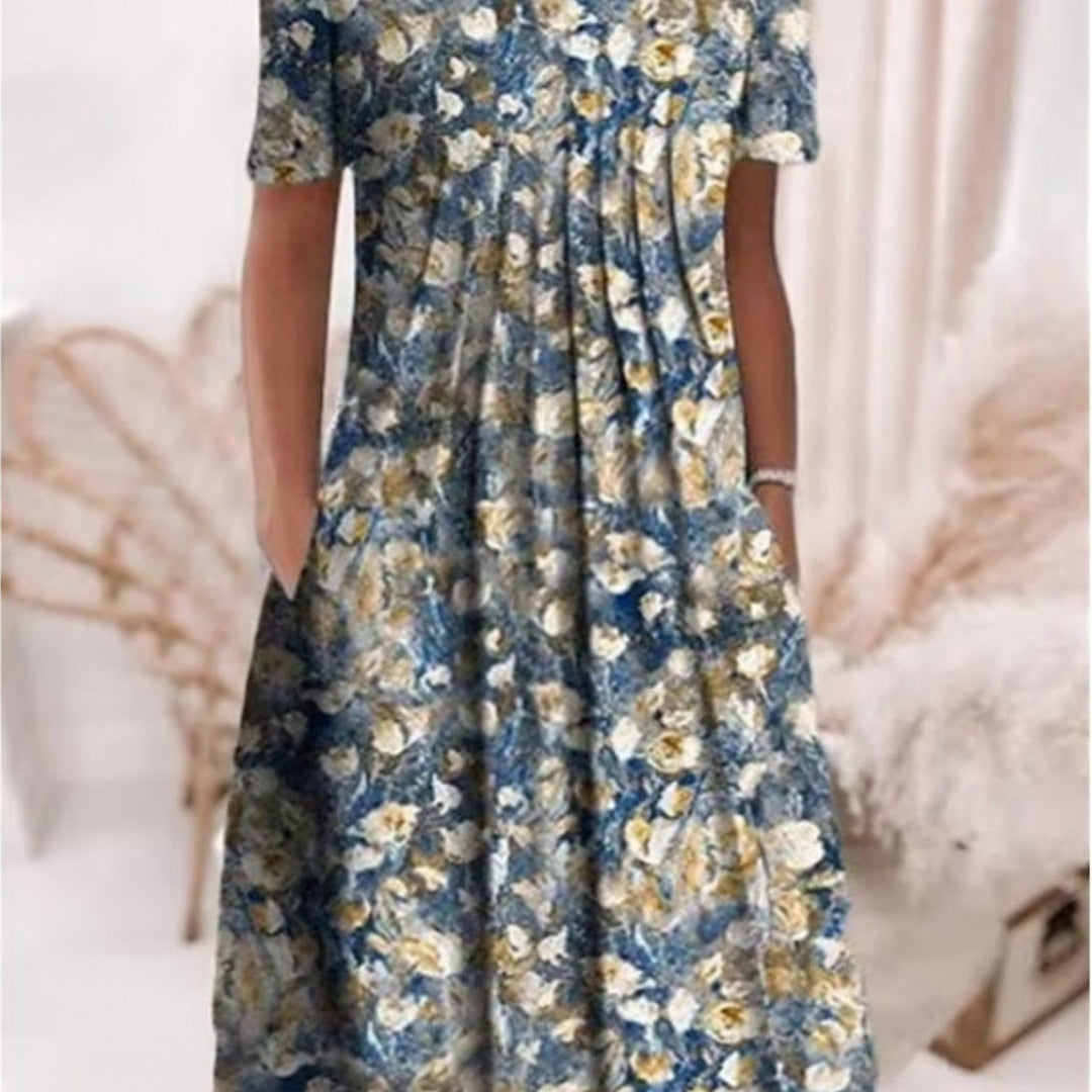 Floral Round Neck Pocket Midi Dress | Spring Summer Women'S Casual Feminine Gown, Modern Artistic Design, Layered Chic Look, Relaxed Everyday Style