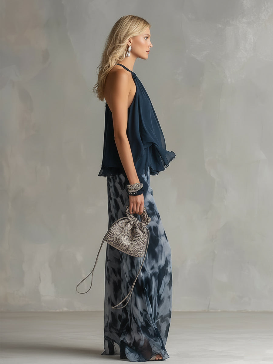 Ludovica - elegant in chiffon with a high-neck top and wide printed trousers