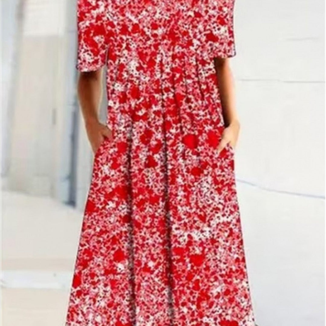 Floral Round Neck Pocket Midi Dress | Spring Summer Women'S Casual Feminine Gown, Modern Artistic Design, Layered Chic Look, Relaxed Everyday Style