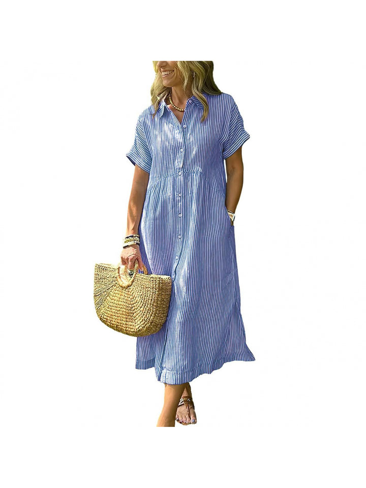 Amelia | Relaxed Midi Striped Dress with Bohemian Side Slits And Pockets