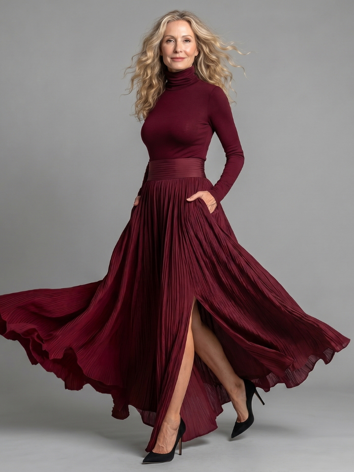 Lana | Long Sleeve Turtleneck Defined Waist Midi Dress