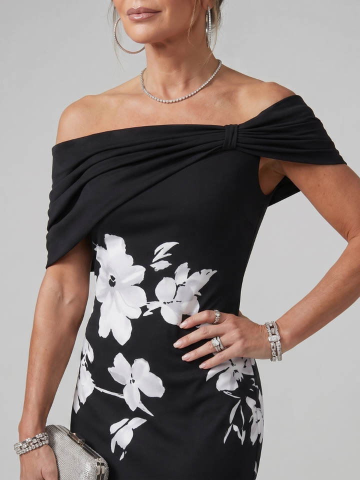 Cosma | Off Shoulder Draped Neckline Midi Dress