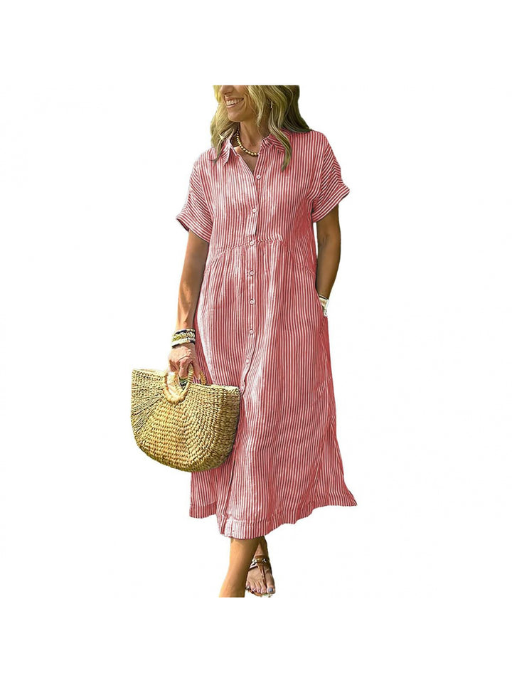 Amelia | Relaxed Midi Striped Dress with Bohemian Side Slits And Pockets