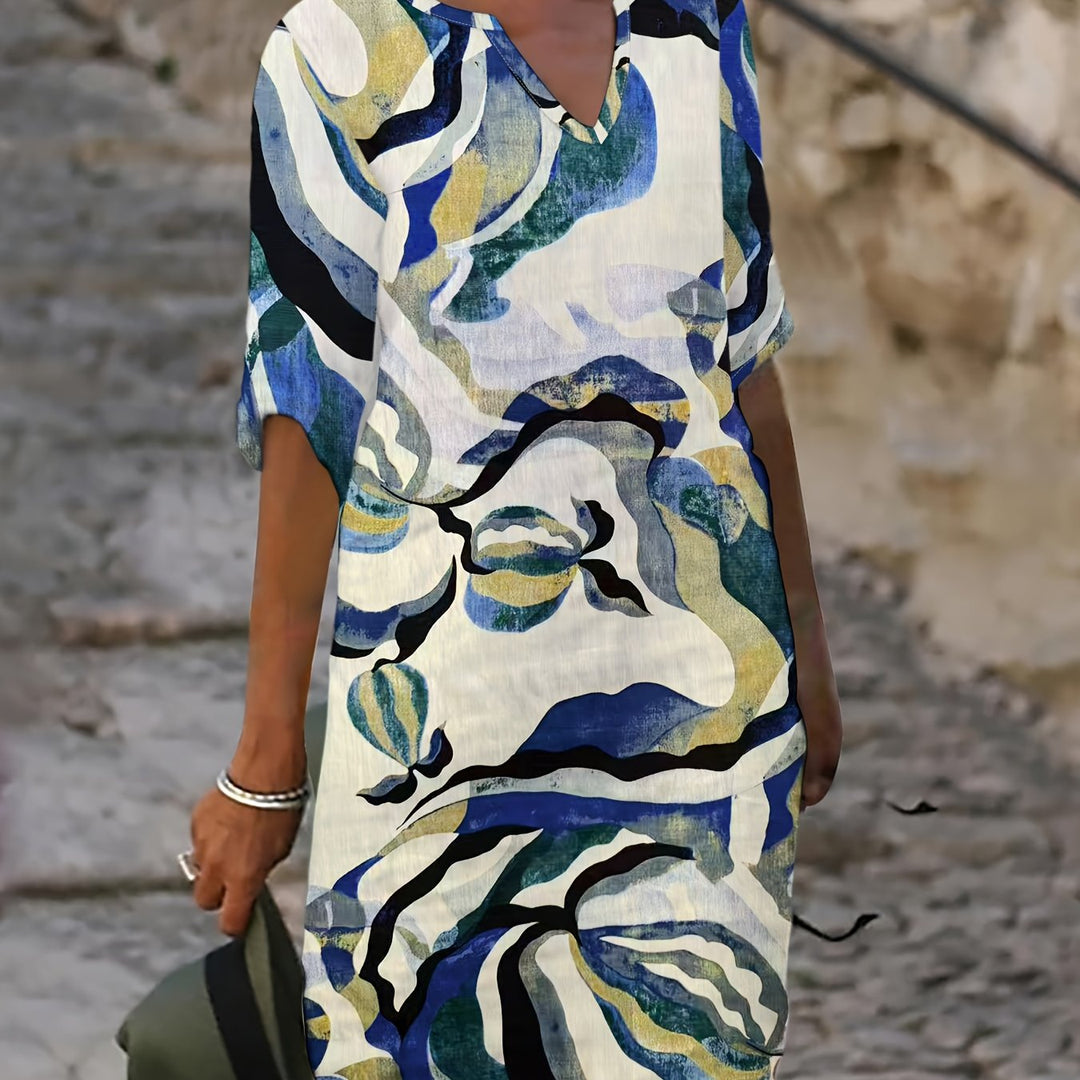 Alexandra | 100% Linen V-Neck Printed Dress