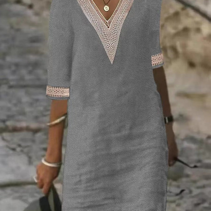 Angelica | Linen-blend Color V-Neck with Lace Trim