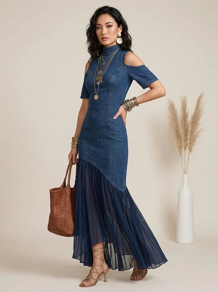 Lilibeth | Chic Cold Shoulder Tulle Patchwork Denim Dress