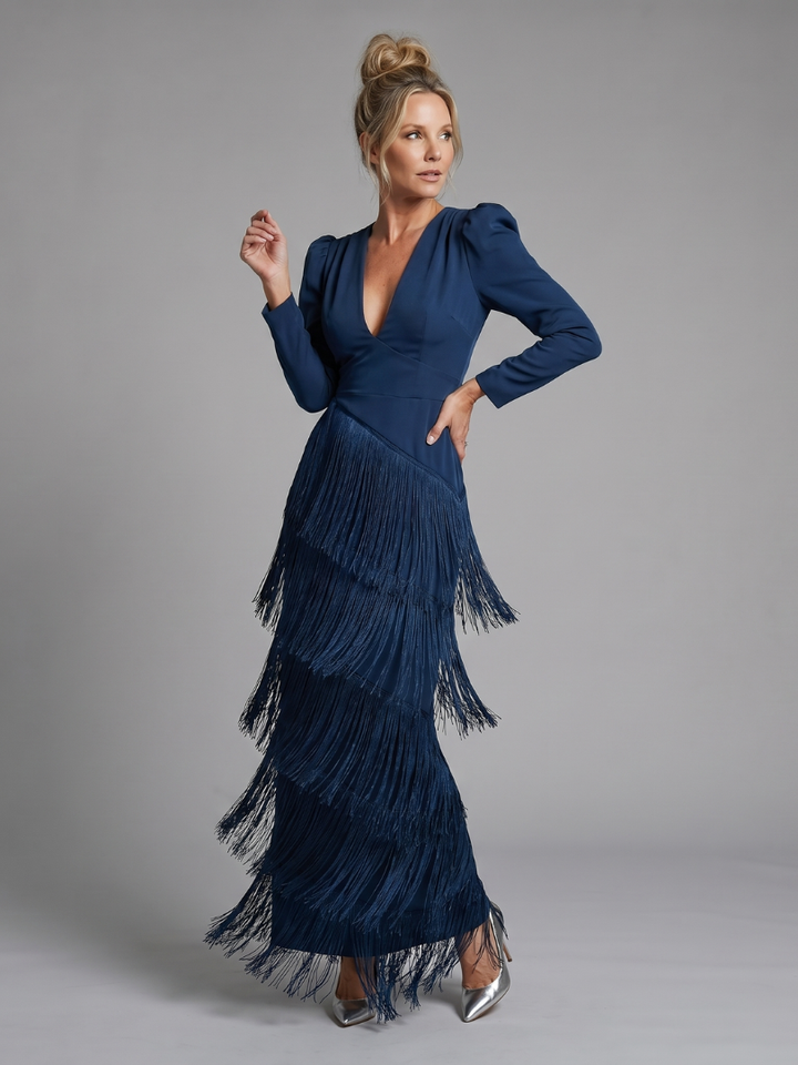 Samara | Long Sleeve Soft Fringe Skirt Midi Dress