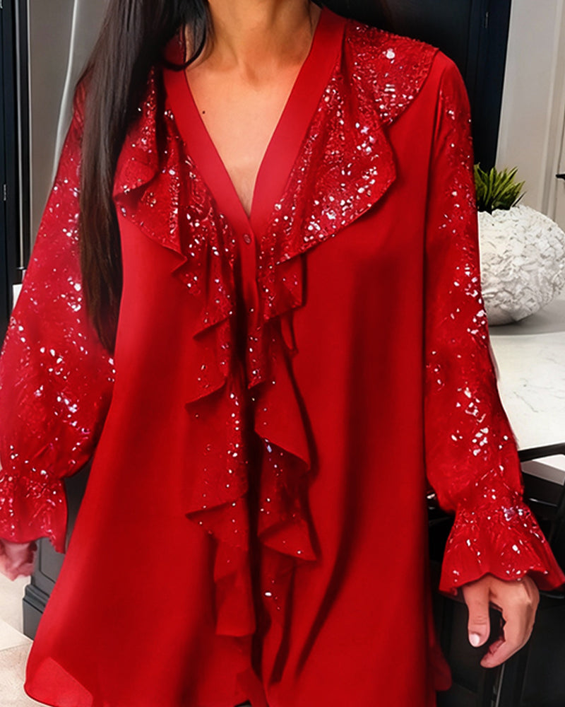 Loose Solid Color Blouses with Ruffles